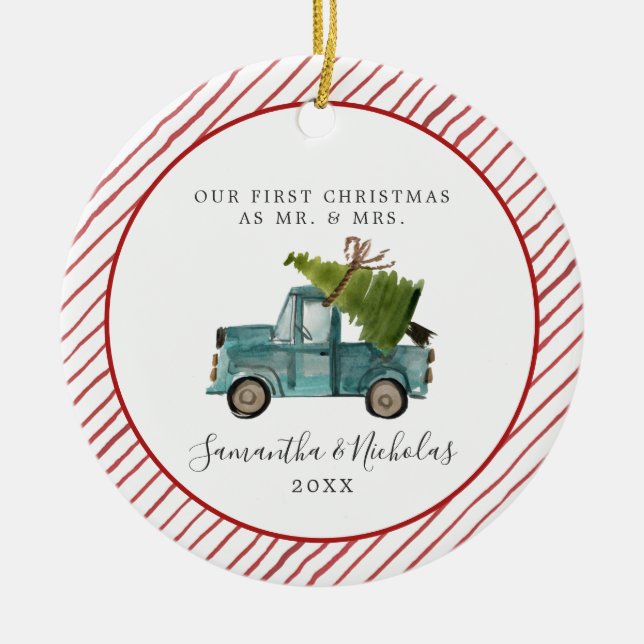 Blue Truck | First Christmas as Mr. & Mrs. Ceramic Ornament (Front)