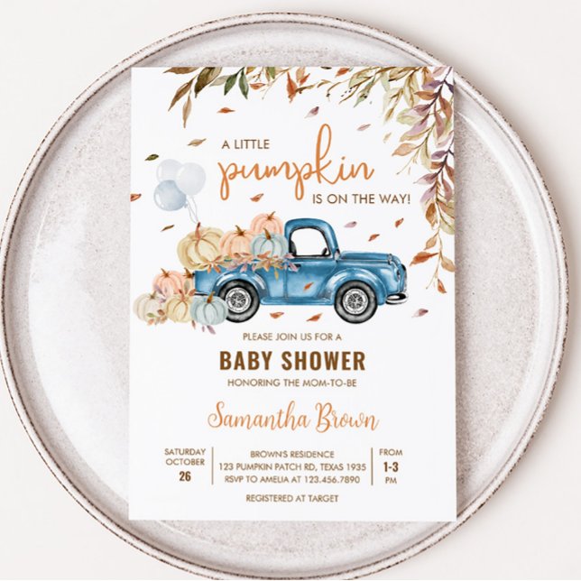 Blue Truck Pumpkin Baby Shower  Invitation (Boy Little Pumpkin Truck Baby Shower Invitation)
