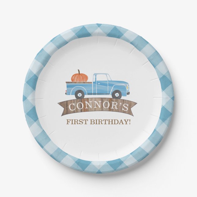 Blue Truck PUMPKIN Birthday Fall 1st Birthday Paper Plate (Front)