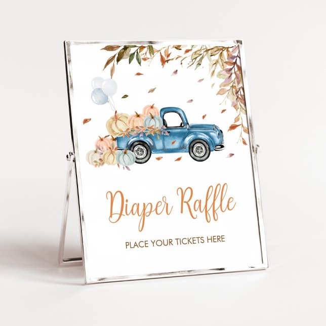 Blue Truck Pumpkin Diaper Raffle Baby Shower Poster (Boy Little Pumpkin Truck Baby Shower Diaper Raffle Sign)