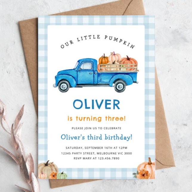 Blue Truck & Pumpkin Fall Farm Gingham Birthday Invitation (Creator Uploaded)