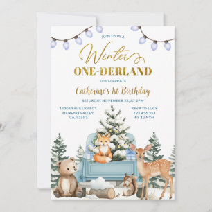 Blue Truck Winter One-derland Animals 1st Birthday Invitation
