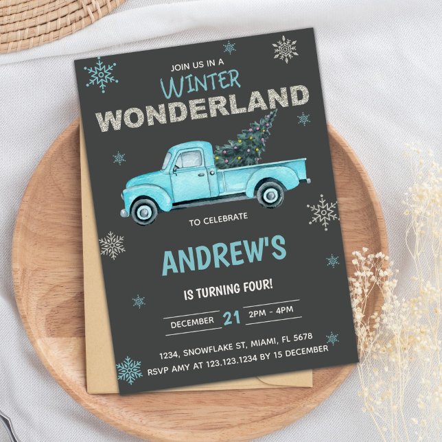 Blue truck Winter Wonderland Birthday Invitations (Blue truck Winter Wonderland Birthday Invitations)