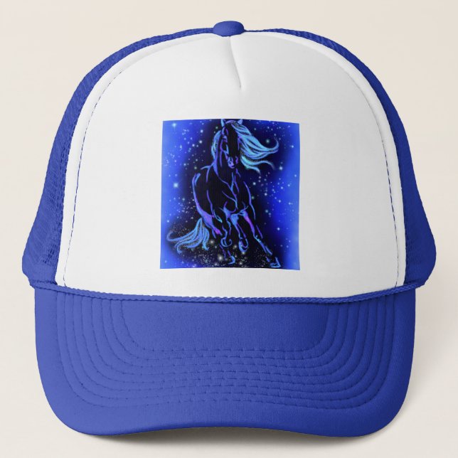Blue Trucker Hat Horse Running At Night  (Front)