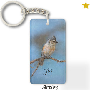 Blue Tufted Titmouse Bird Painting Custom Initial Keychain