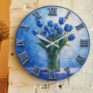Blue Tulip Bouquet Elegant Floral Vase Art Large Clock