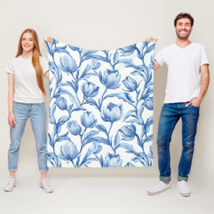 Blue Tulip vintage floral pattern Fleece Blanket