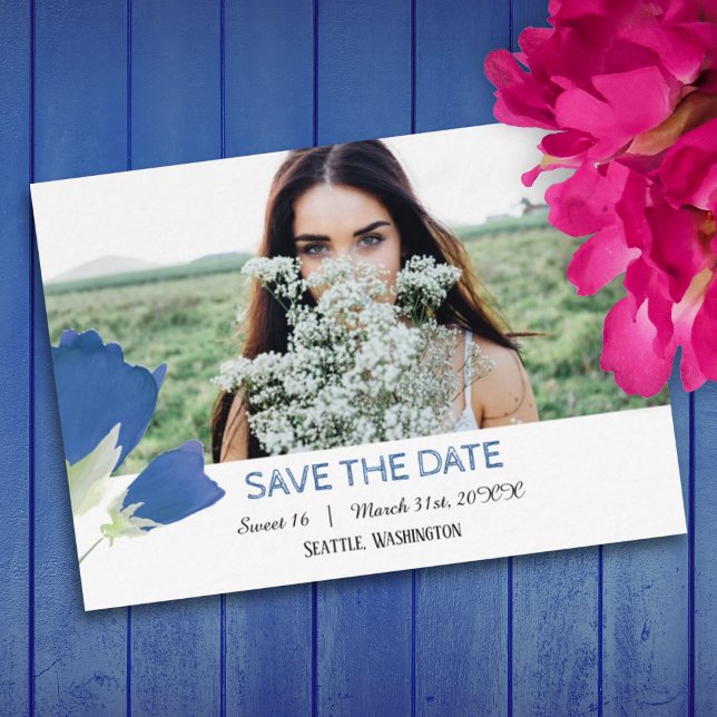 Blue Tulips, Floral Sweet 16 Enregistrer la carte  (spring springtime blue tulips birthday party for sweet 16 save the date card)