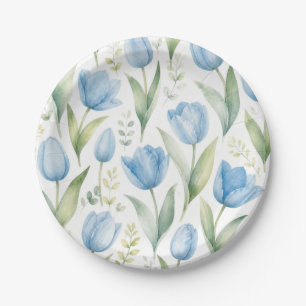 Blue Tulips Watercolor Floral Painting Botanical Paper Plate