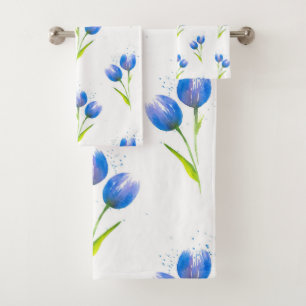 Blue Tulips Watercolor Pattern Bath Towel Set