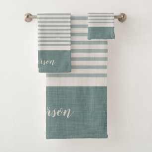 Blue Turkish Stripes Monogram   Farmhouse Bath Towel Set