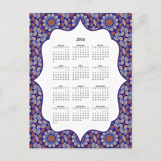 Blue Turkish Tile Pattern 2016 Calendar Postcard (Front)