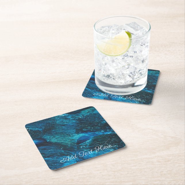 Blue Turqouise Paint Brushstrokes Square Paper Coaster (Insitu)