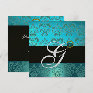 BLUE TURQUASE BLACK SILVER DAMASK MONOGRAM INVITATION