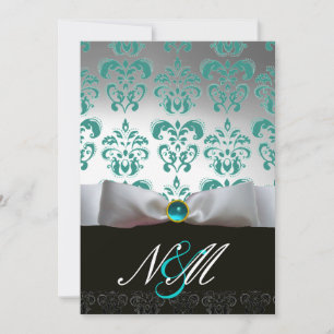 BLUE TURQUASE WHITE RIBBON  BLACK DAMASK MONOGRAM INVITATION