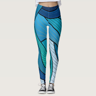 Blue Turquoise Abstract Wave Leggings