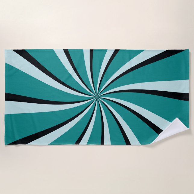 Blue, turquoise and black retro style sun rays beach towel (Front)