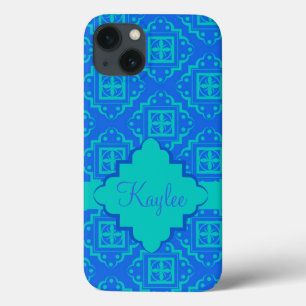Blue Turquoise Arabesque Moroccan Name Personalize iPhone 13 Case