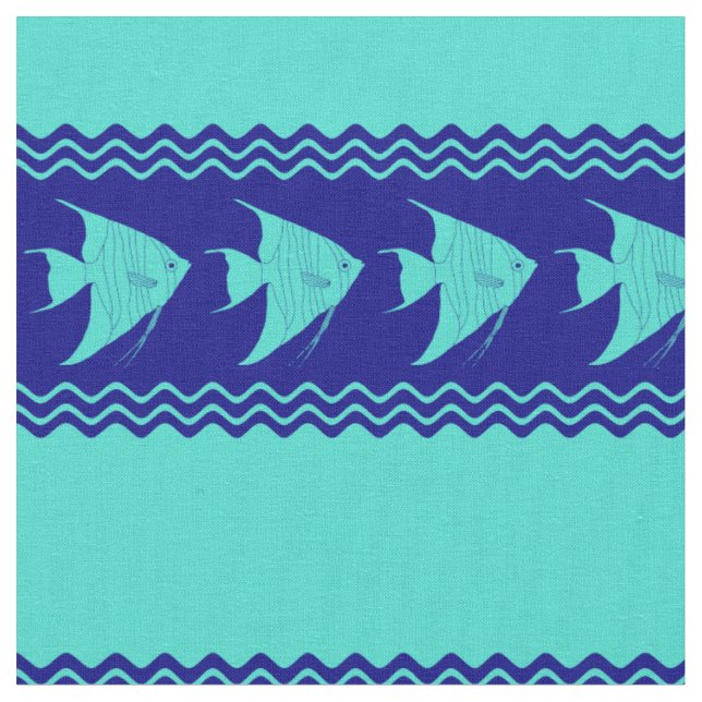 Blue Turquoise Coastal Angelfish Stripes Fabric (Close Up)