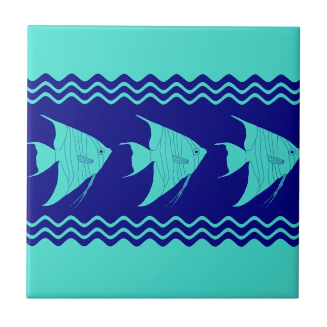 Blue Turquoise Coastal Angelfish Stripes Tile (Front)