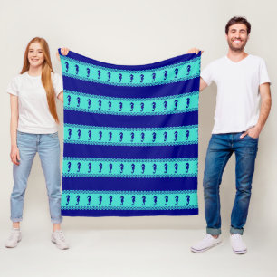 Blue Turquoise Coastal Seahorses Stripes Fleece Blanket