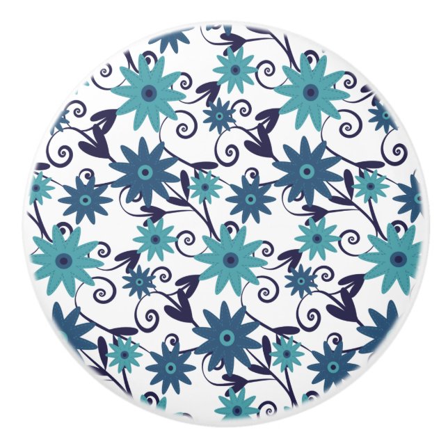 Blue Turquoise Floral Swirl Pattern Ceramic Knob (Front)