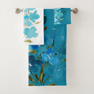 Blue Turquoise Floral Watercolor Hand-painted Bath Towel Set