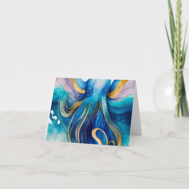 Blue Turquoise Gold Octopus Blank Greeting Card (Front)