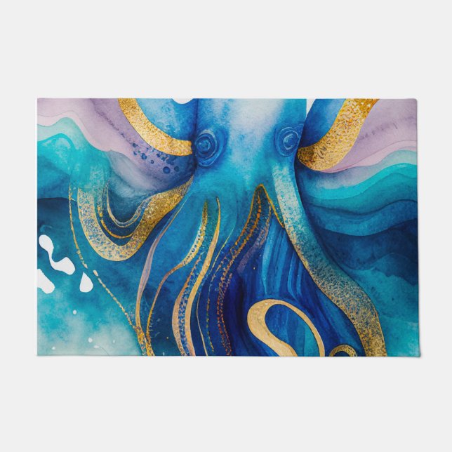 Blue Turquoise Gold Octopus Doormat (Front)