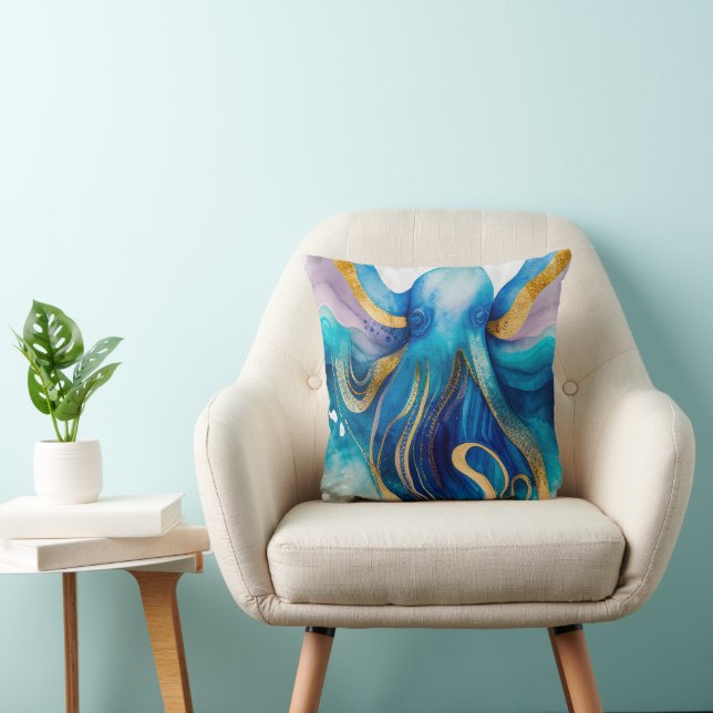 Blue Turquoise Gold Octopus Throw Pillow (Chair)