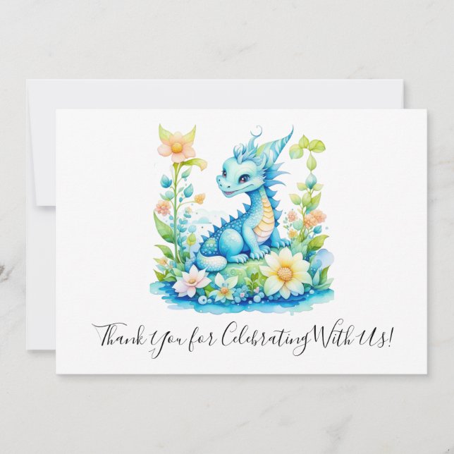 Blue Turquoise Green Dragon Baby Shower Thank You Card (Front)