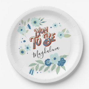 Blue Turquoise Green Flowers Mom To Be Paper Plate