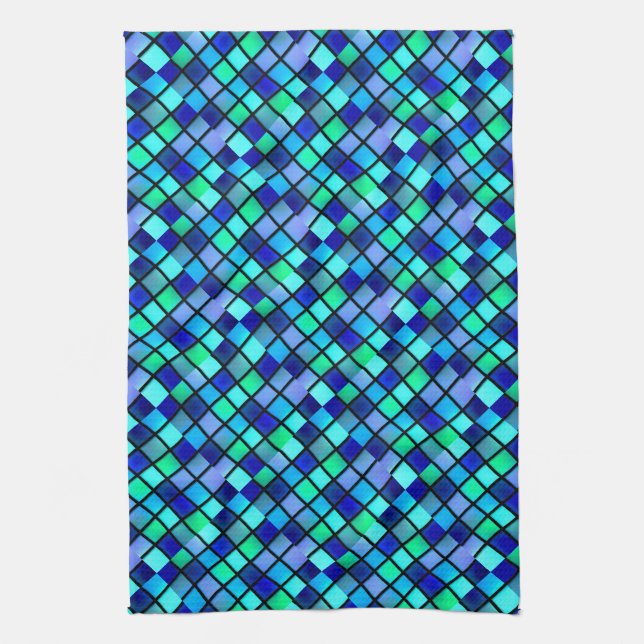 Blue Turquoise Green Purple Stained Glass Art Kitchen Towel (Vertical)