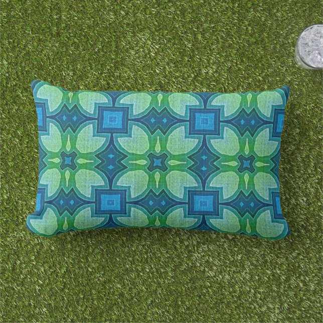 Blue Turquoise Lime Green Hip Orient Tribal Art Lumbar Pillow (Grass)
