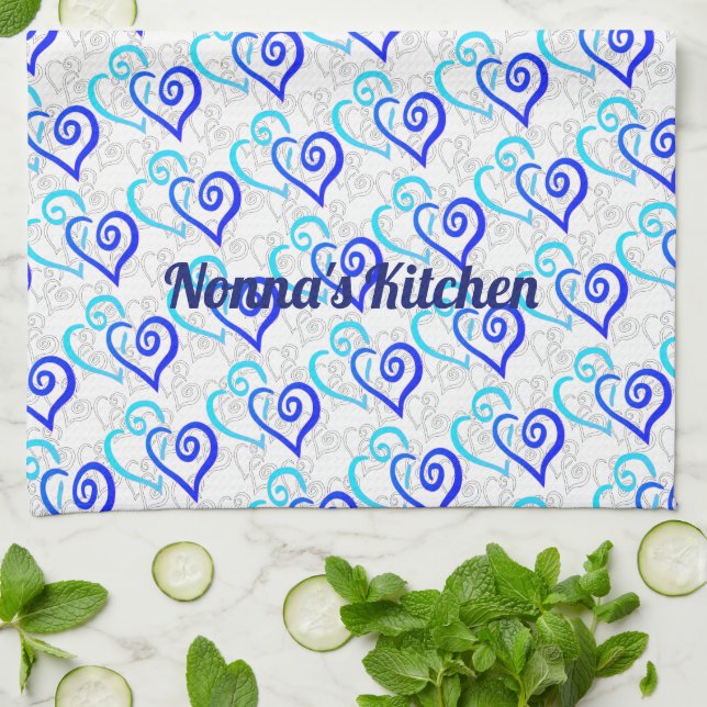 Blue Turquoise Linked Heart Art Pattern Custom  Kitchen Towel (Folded)
