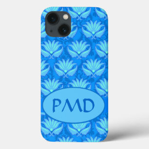 Blue Turquoise Modern Damask Monogram Custom iPhone 13 Case