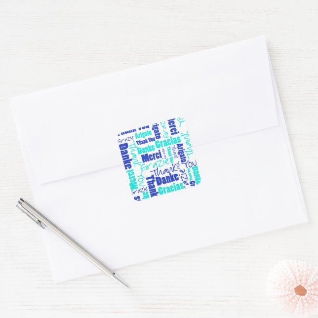 Blue Turquoise Multilingual Thank You Word Collage Square Sticker (Envelope)