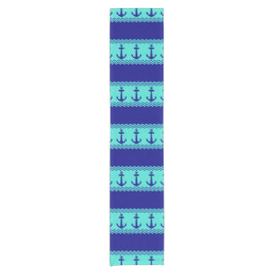 Blue Turquoise Nautical Anchor Coastal Stripes Short Table Runner