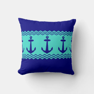 Blue Turquoise Nautical Anchor Coastal Stripes Throw Pillow