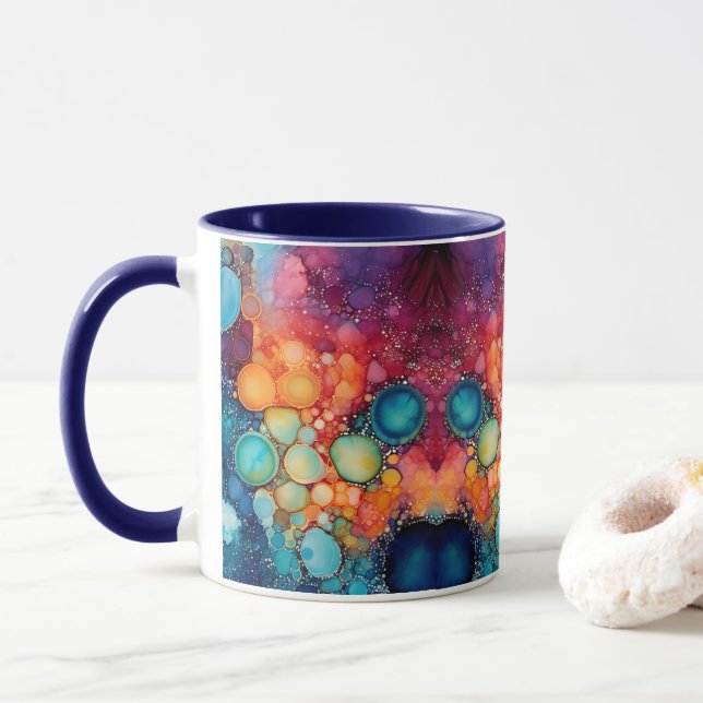 Blue Turquoise Orange Alcohol & Ink Bubbles Mug (With Donut)