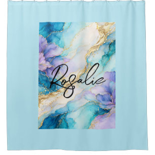 Blue Turquoise Purple Gold Abstract Floral Marble