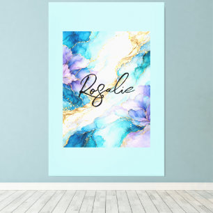 Blue Turquoise Purple Gold Abstract Floral Marble Canvas Print