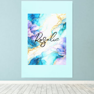 Blue Turquoise Purple Gold Abstract Floral Marble  Canvas Print