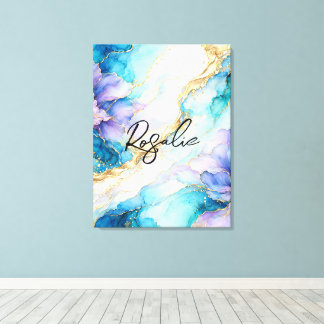 Blue Turquoise Purple Gold Abstract Floral Marble  Canvas Print