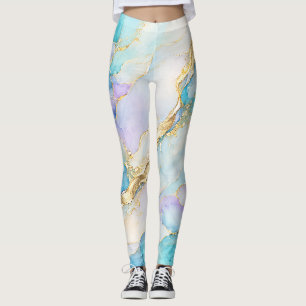 Blue Turquoise Purple Gold Abstract Floral Marble  Leggings