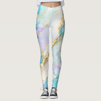Blue Turquoise Purple Gold Abstract Floral Marble  Leggings