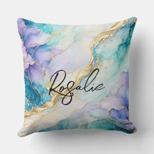 Blue Turquoise Purple Gold Abstract Floral Marble Throw Pillow