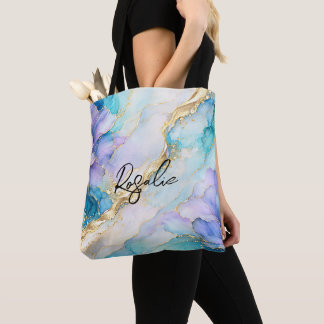 Blue Turquoise Purple Gold Abstract Floral Marble  Tote Bag