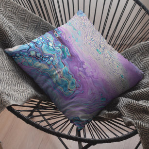 Blue Turquoise Purple Violet Marble Fluid Abstract Throw Pillow