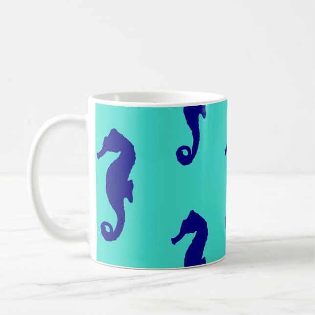 Blue Turquoise Seahorse Coastal Pattern Coffee Mug (Left)